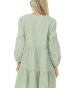 Ces Femme Mint Long Sleeve V Neck Tiered Woven Short Dress