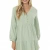 Ces Femme Mint Long Sleeve V Neck Tiered Woven Short Dress