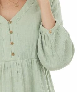 Ces Femme Mint Long Sleeve V Neck Tiered Woven Short Dress