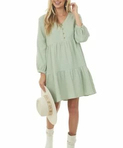 Ces Femme Mint Long Sleeve V Neck Tiered Woven Short Dress