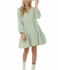 Ces Femme Mint Long Sleeve V Neck Tiered Woven Short Dress
