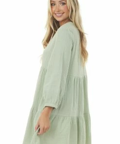 Ces Femme Mint Long Sleeve V Neck Tiered Woven Short Dress
