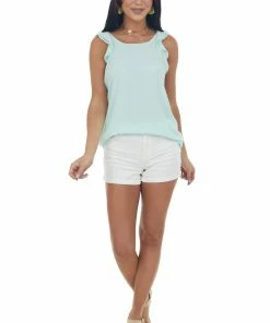 NAKED ZEBRA Mint Ruffle Strap Woven Tank Top With Back Tie