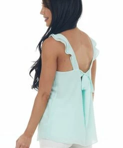 NAKED ZEBRA Mint Ruffle Strap Woven Tank Top With Back Tie
