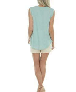 BOMBOM Mint Sleeveless Waffle Knit Top With Front Pocket And V Neck 24 BOMBOM Mint Sleeveless Waffle Knit Top With Front Pocket And V Neck