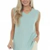 BOMBOM Mint Sleeveless Waffle Knit Top With Front Pocket And V Neck