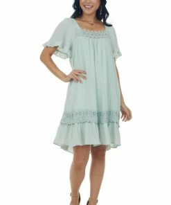 143 Story Mint Square Neck Mini Dress With Lace Details Dresses