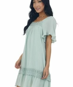 143 Story Mint Square Neck Mini Dress With Lace Details Dresses