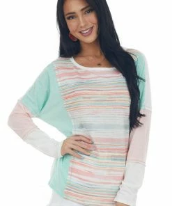 BiBi Mint Striped Colorblock Top With Long Sleeve