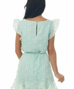 Umgee Mint Swiss Dot Ruffle Hem Woven Shift Dress Dresses