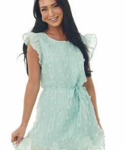 Umgee Mint Swiss Dot Ruffle Hem Woven Shift Dress Dresses