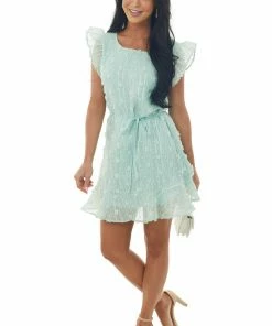Umgee Mint Swiss Dot Ruffle Hem Woven Shift Dress Dresses