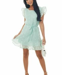Umgee Mint Swiss Dot Ruffle Hem Woven Shift Dress Dresses