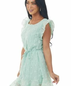 Umgee Mint Swiss Dot Ruffle Hem Woven Shift Dress Dresses