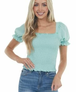 American Fit Tops Mint Textured Smocked Short Sleeve Top With Tie Detail