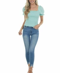 American Fit Tops Mint Textured Smocked Short Sleeve Top With Tie Detail