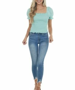 American Fit Tops Mint Textured Smocked Short Sleeve Top With Tie Detail