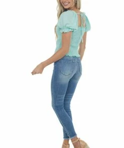 American Fit Tops Mint Textured Smocked Short Sleeve Top With Tie Detail