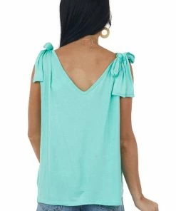 BiBi Mint Tie Strap V Neck Flowy Knit Tank Top Tops