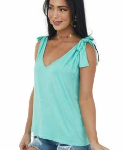BiBi Mint Tie Strap V Neck Flowy Knit Tank Top Tops