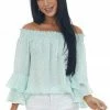 Vine & Love Mint And Ivory Leopard Print Off The Shoulder Blouse Tops