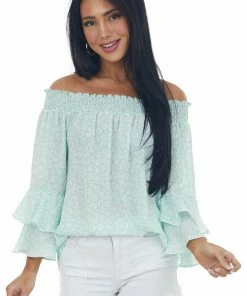 Vine & Love Mint And Ivory Leopard Print Off The Shoulder Blouse Tops