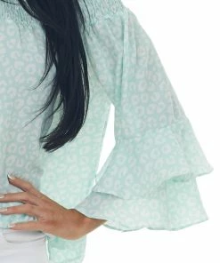 Vine & Love Mint And Ivory Leopard Print Off The Shoulder Blouse Tops