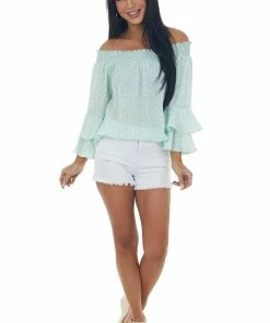 Vine & Love Mint And Ivory Leopard Print Off The Shoulder Blouse Tops