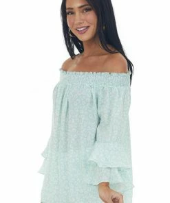 Vine & Love Mint And Ivory Leopard Print Off The Shoulder Blouse Tops