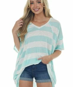 Vanilla Bay Tops Mint And Ivory Striped Oversized Top With Pockets