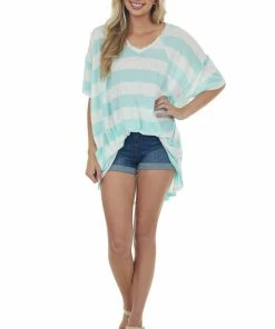 Vanilla Bay Tops Mint And Ivory Striped Oversized Top With Pockets