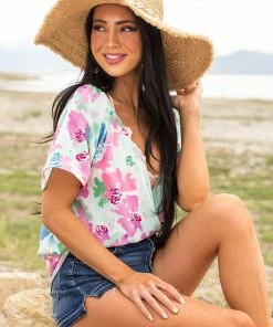 Staccato Mint Floral Short Sleeve Surplice Blouse