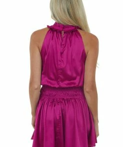 Glam Mulberry Halter Neck Smocked Satin Mini Dress Dresses