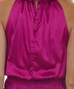 Glam Mulberry Halter Neck Smocked Satin Mini Dress Dresses