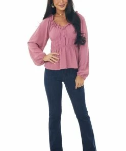 143 Story Tops Mulberry Ruched Empire Waist Bubble Sleeve Top