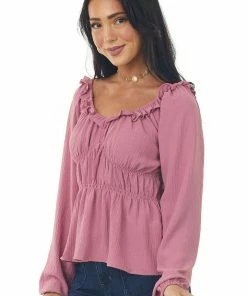143 Story Tops Mulberry Ruched Empire Waist Bubble Sleeve Top