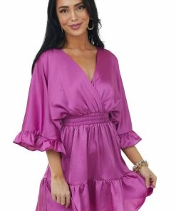 Glam Mulberry Surplice Flutter Sleeve Satin Mini Dress