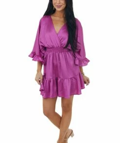 Glam Mulberry Surplice Flutter Sleeve Satin Mini Dress