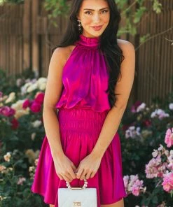 Glam Mulberry Halter Neck Smocked Satin Mini Dress Dresses