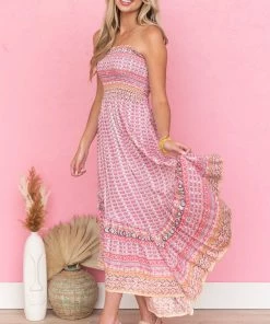 ANGIE Mulberry Printed Strapless Smocked Midi Dress