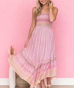 ANGIE Mulberry Printed Strapless Smocked Midi Dress