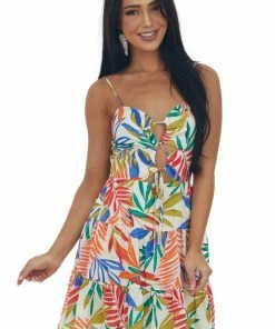 Illa Illa Multicolor Tropical Print Front Cut Out Mini Dress Dresses