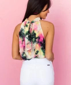FSL APPAREL Multicolor Watercolor Print Sleeveless Halter Neck Blouse