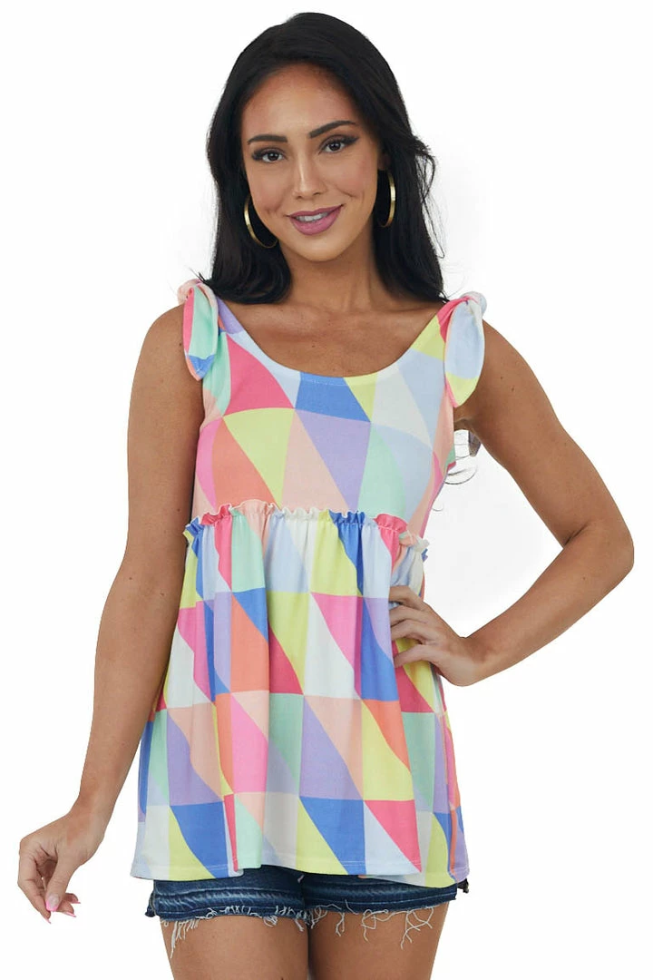 BiBi Multicolored Geometric Print Babydoll Tank Top 3 BiBi Multicolored Geometric Print Babydoll Tank Top