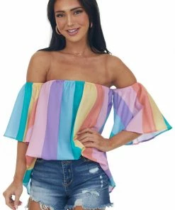 Fantastic Fawn Multicolored Striped Off The Shoulder Woven Top Tops