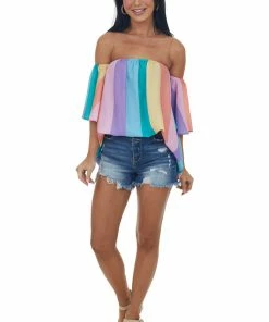 Fantastic Fawn Multicolored Striped Off The Shoulder Woven Top Tops