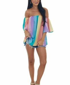 Fantastic Fawn Multicolored Striped Off The Shoulder Woven Top Tops
