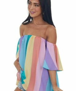 Fantastic Fawn Multicolored Striped Off The Shoulder Woven Top Tops