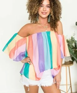Fantastic Fawn Multicolored Striped Off The Shoulder Woven Top Tops
