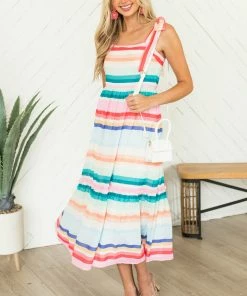 Flying Tomato Dresses Multicolored Striped Sleeveless Tiered Midi Dress